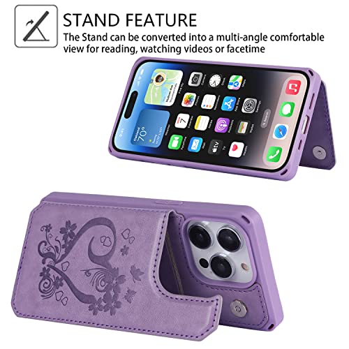 Image of Cavor for iPhone 14 Pro Case with Card Holder,for iPhone 14 Pro Wallet Case for Women Men,Phone Case for iPhone 14 pro with Stand Credit Card Holder, Leather Strap Shockproof Cover- Purple