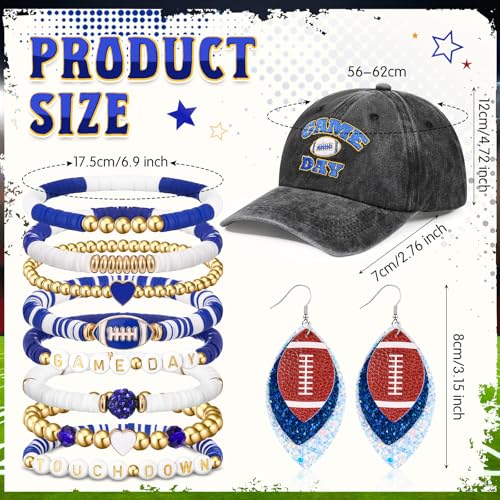 10 Pcs Football Game Day Accessories for Women Set, Embroidered Football Hat, Beaded Bracelets and Earrings2