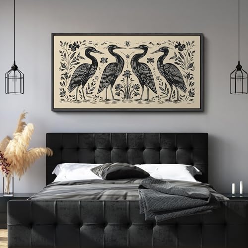 Image of MUDECOR Extra Large Framed Canvas Print Wall Art Folk Art Heron Birds Floral Black and Cream Antique Retro Ready to Hang Painting for Living Room Bedroom Multi-Sizes - 60 inchx30 inch