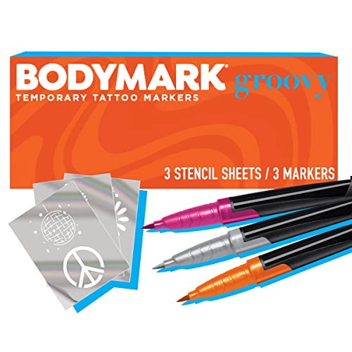 Bodymark Groovy Temporary Tattoo Markers For Skin, Premium Brush Tip, Includes 3 Count Of Assorted Markers And Stencils Set, 1 Orange, 1 Magenta, 1 Silver, 3 Ct #TOP25