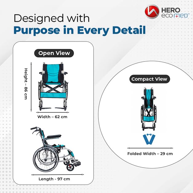 Image of Hero Ecomed Winn 203 L | Lightweight Manual Aluminium Wheelchair | Foldable Frame | Flippable Backrest | Propelling Ring | Easy Portable Wheelchair For Patients & Elderly | 100 kg Capacity