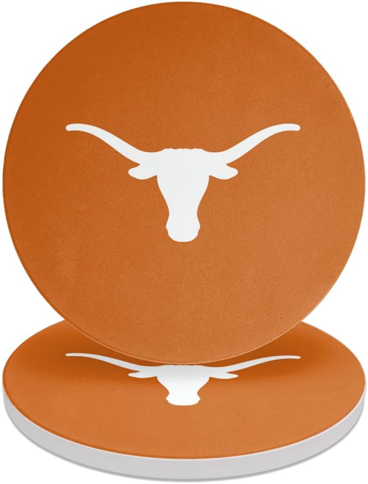 University of Texas Primary Logo Round Ceramic Coasters, Set of 2, 3.9" Ceramic Stone & Cork Base