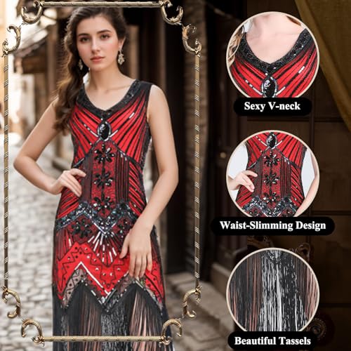FEPITO 1920s Flapper Dresses for Women, Fringed Sequin Great Gatsby Dress for Women with 20s Accessories, Roaring 20s Costume
