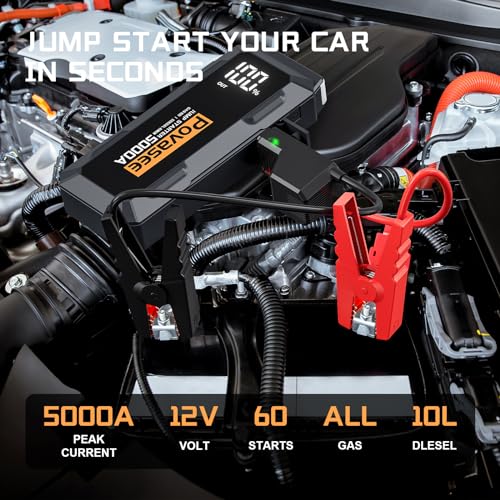 Image of Povasee Car Battery Jump Starter 5000A Jump Box (All Gas /10L Diesel) Portable Car Jump Starter Battery Pack, 12V Jumper Starter Portable 3 inch LCD Display /Power Bank /Dual Output /LED Light DC