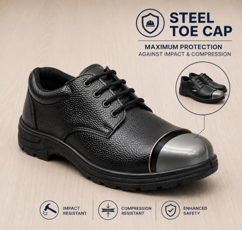 Image of Shyam Steel Men's Steel Toe Safety Shoes | Heavy Duty Resin Synthetic Leather Industrial Work Boots | Anti-Slip, Puncture Resistant PVC Sole Protective Footwear for Construction & Factory (Black)