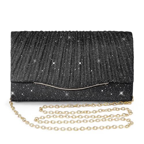 Image of Clutch Purses for Women Evening Bag Formal Dressy | Crossbody Bag with Metal Chain, Stylish Clutch, Pleated Style, Polyester, for Wedding, Prom, Cocktail Party