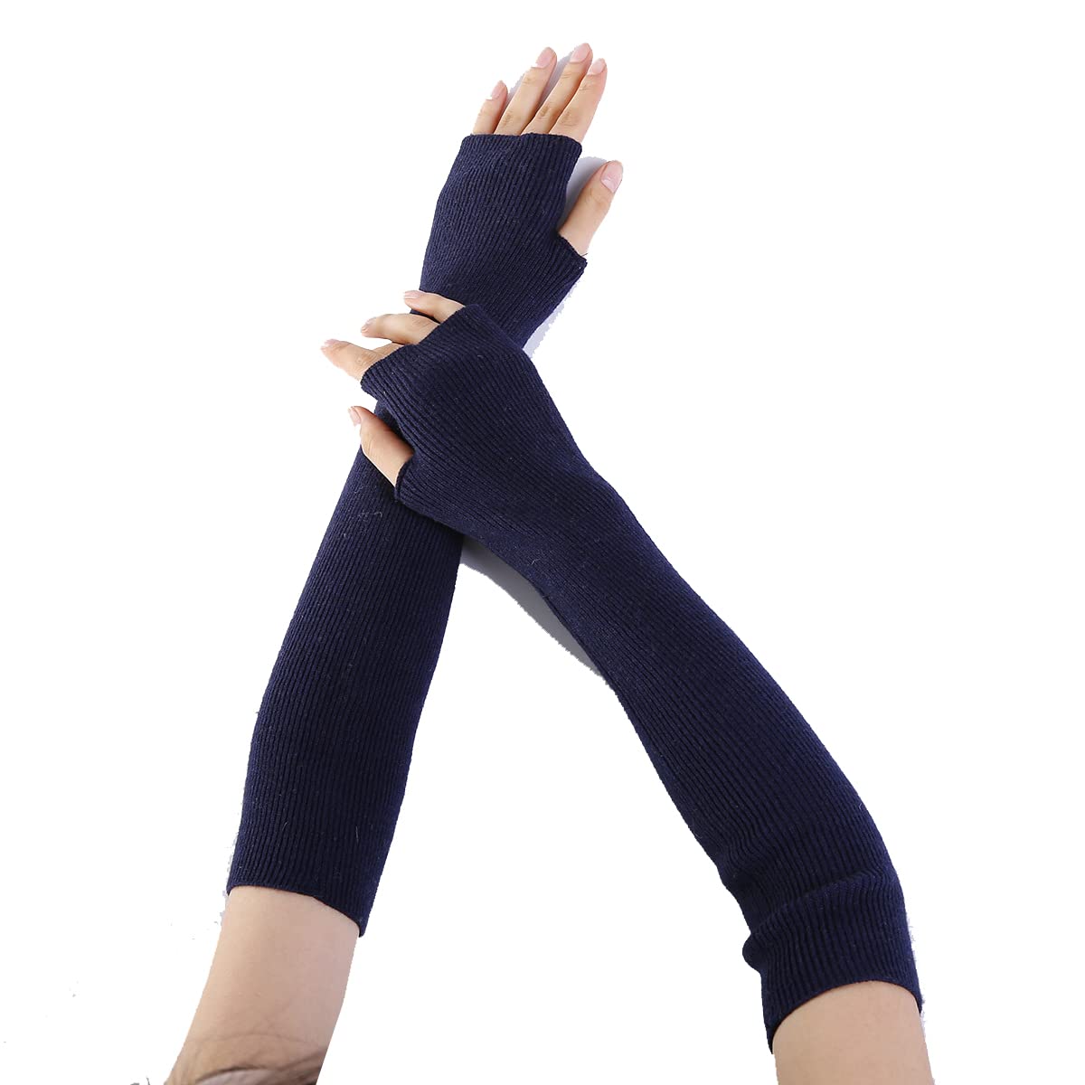 Camelliass Women's Navy Blue Arm Warmer Long Fingerless Gloves Elbow Length Thumb Hole Winter Warm Knitted Gloves (Navy Blue)