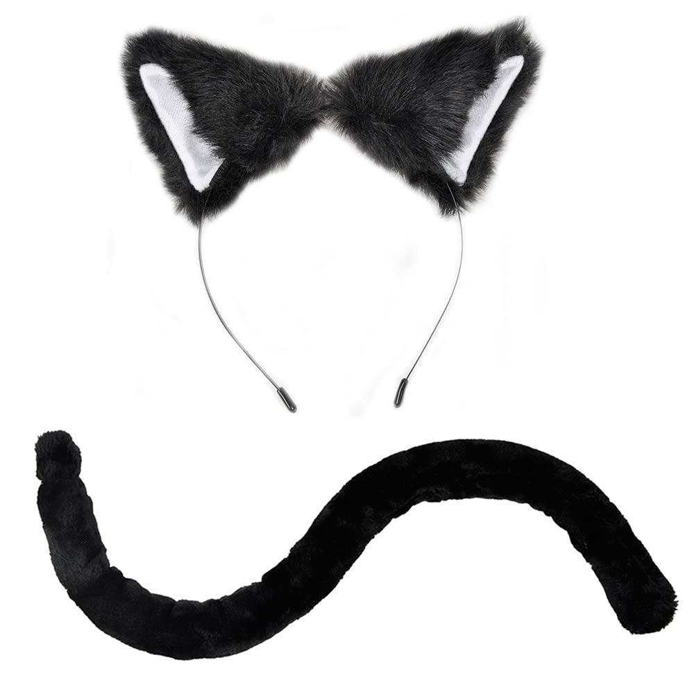 ETING Black Cat Ears and Tail Set Cat Ear Clips and Long Tail Cosplay Costume Set