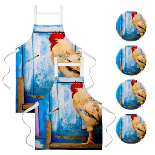 Tablier de cuisine lot de 2 avec motif coq et 4 broches incluses