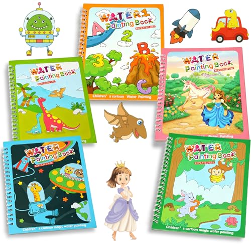 JoyPlus 5 Pezzi Libri per Pittura ad Acqua per Bambini, Libro Magico da Colorare ad Acqua, Riutilizzabili Libri da Colorare con 5 Penne Magiche, Acquarelli Giocattoli da Viaggio per Bambini in Aereo