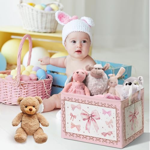 Image of Pink Bow Foldable Storage Box, Waterproof Toy and Clothes Storage Box for Nursery Room, Pink Cute Bow Decorative Fabric Basket for Boys Girls Bedroom, Storage Basket Gifts for Bow Party Decoration
