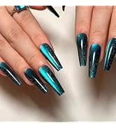 Cat Eye Long Press on Nails Coffin Lake Blue Fake Nails Press ons Silver Glitter Full Cover Extra...
