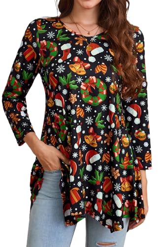 Image of Enmain Womens Christmas Tops 3/4 Sleeve Xmas Tunic for Women UK Plus Size Long Length Christmas Blouses Shirts Long Sleeve Gift for Mother Family XL Size 16