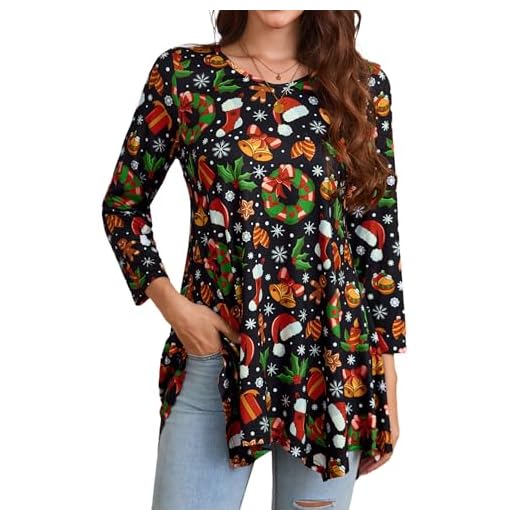 Enmain Bluse Weihnachten Damen Langarm Schwarze Weihnachts Oberteil Damen 3/4 Ärmel Tunika mit Weihnachtsmotiv Longshirt Lässig für Leggings Lockere Passform M Große 38