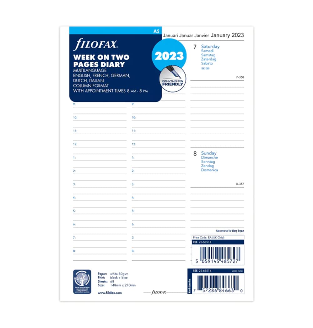 Letts of London Filofax A5 week on two pages 5 language appointments 2023 diary, White