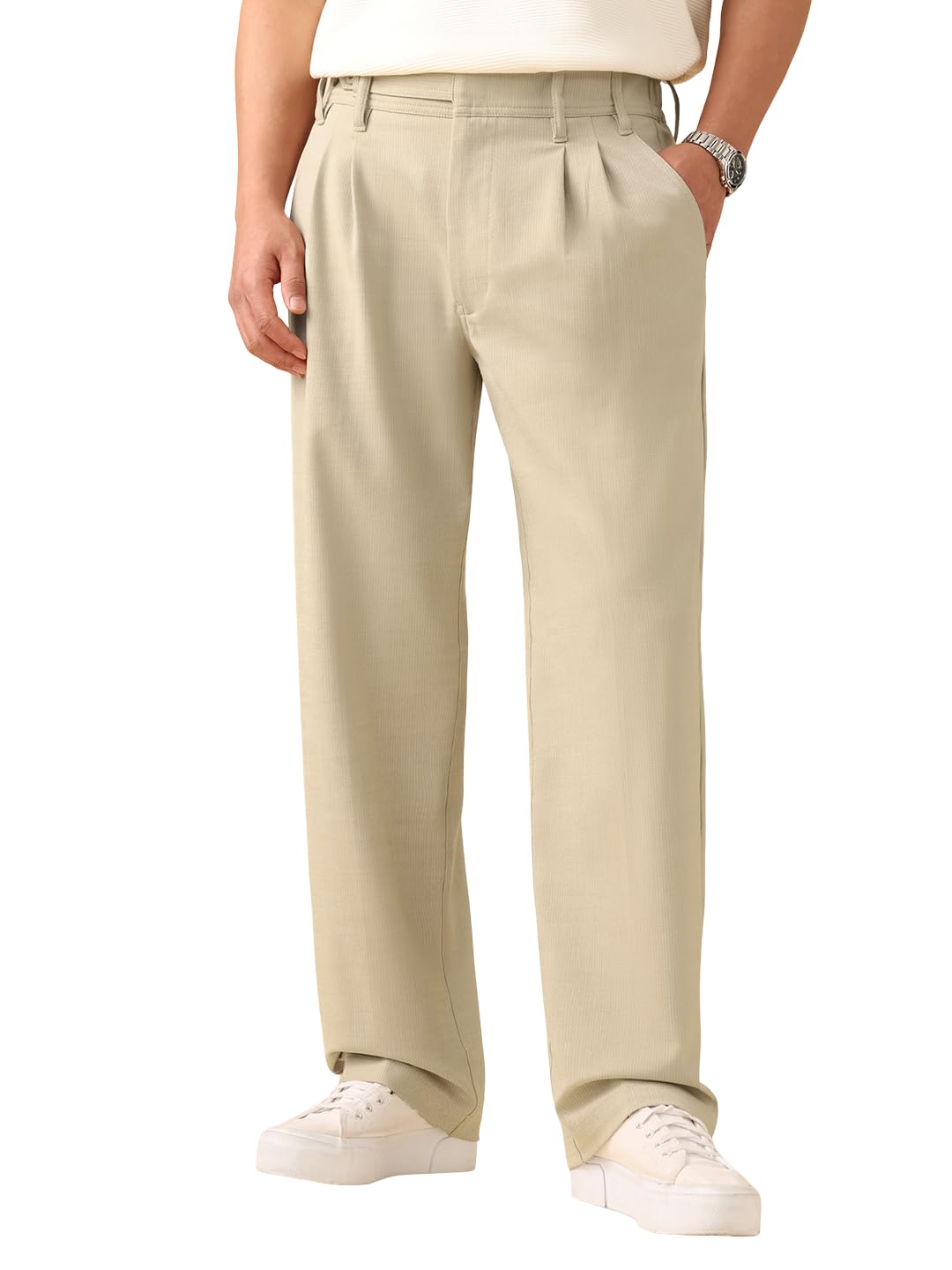 Korean Pants: Men and Boys Solid Polyester Blend Straight Fit Lightweight Easy to Style Everyday Office Wear Pleated Front Stretch Trousers-image-46