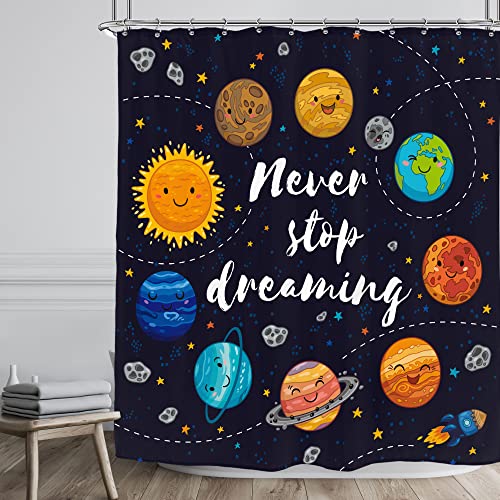 Riyidecor Cartoon Planet Cute Shower Curtain 72Wx72H Inch Kids Star Cluster Space Universe Galaxy Solar System Moon Comets Decor Fabric Bathroom Set 12 Pack Plastic Shower Hooks Included Ry-Mdb3 #TOP1