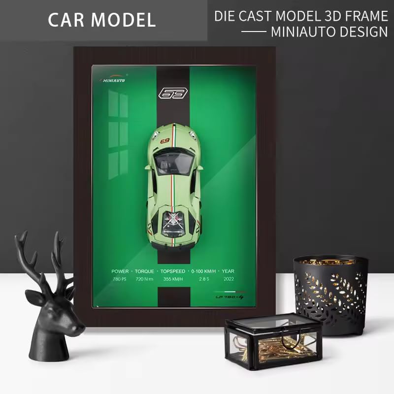Image of Worshiper 3D Car Frame Wall Art Wooden Hanging Painting Frame with Removable Die-Cast Cars, Lights & Sounds Pull-Back Action & Opening Doors Collectible Display for Car Decoration (1:32 Lamborghini LP-780-4)