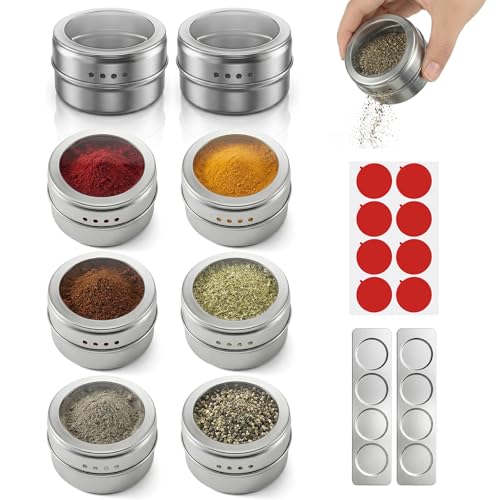 kenaeooe Magnetic Spice Rack with 2 Metal Plates & 8 Magnetic Spice Jars - Stainless Steel Seasoning Tins with Clear Lid & Double-Sided Stickers for Kitchen Refrigerator Organization