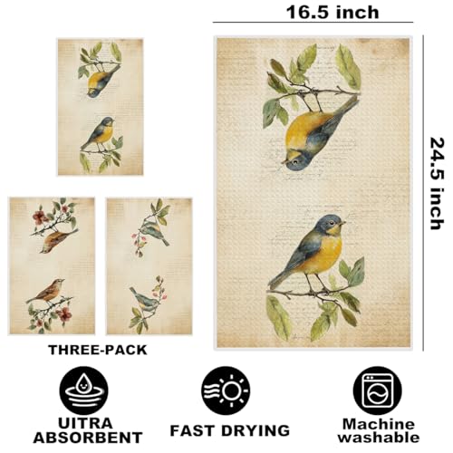 Image of 3 Pcs Vintage Birds Kitchen Towels, Vintage Artistic Decorative Absorbent Microfiber Dish Cloth Tea Towel, Durable Hand Towels for Farmhouse Home Bathroom, Bird Lover Gifts
