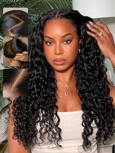 Image of Bouncy Water Wave Curly Human Hair Wigs Pre Cut 13x4 HD Lace Frontal Pre Everything Glueless Big Curly Water Wig 180% Density Pre Plucked Bleached Knots Put On and Go 20Inch Beginner friendly
