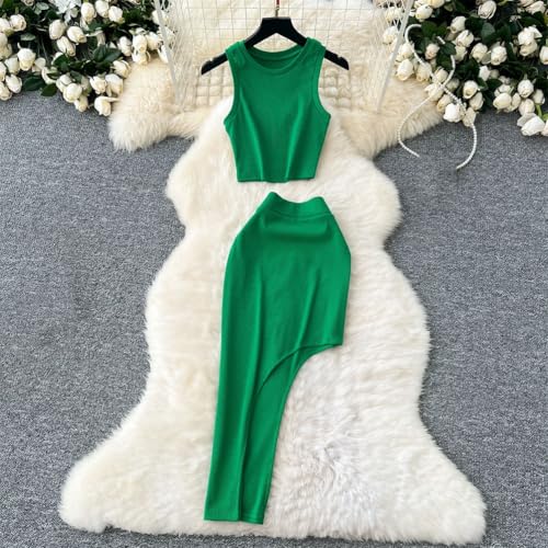 Women Beach Vacation Sets O-Neck Sleeveless Top High Waist Asymmetrical Pencil Skirt2