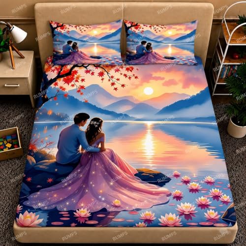 Image of RUMPS 7D Romantic Couple Sunset Printed Flat Bedsheet King Size 90x100 Inch with 2 Pillow Covers 16x26 Inch | Luxury Love Theme Microfiber Double Bedsheet