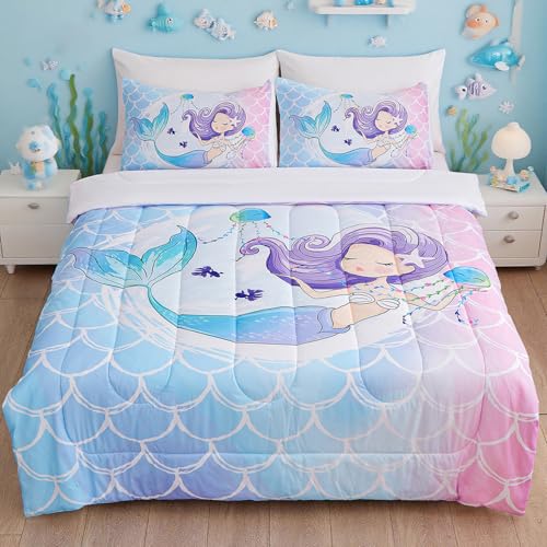 Image of 5 Piece Mermaid Comforter Twin Size, Mermaid Bedding Twin for Kids Girls, Kawaii Cute Reversible White Bed in a Bag, Soft Microfiber Children Adults Room Decor All Season