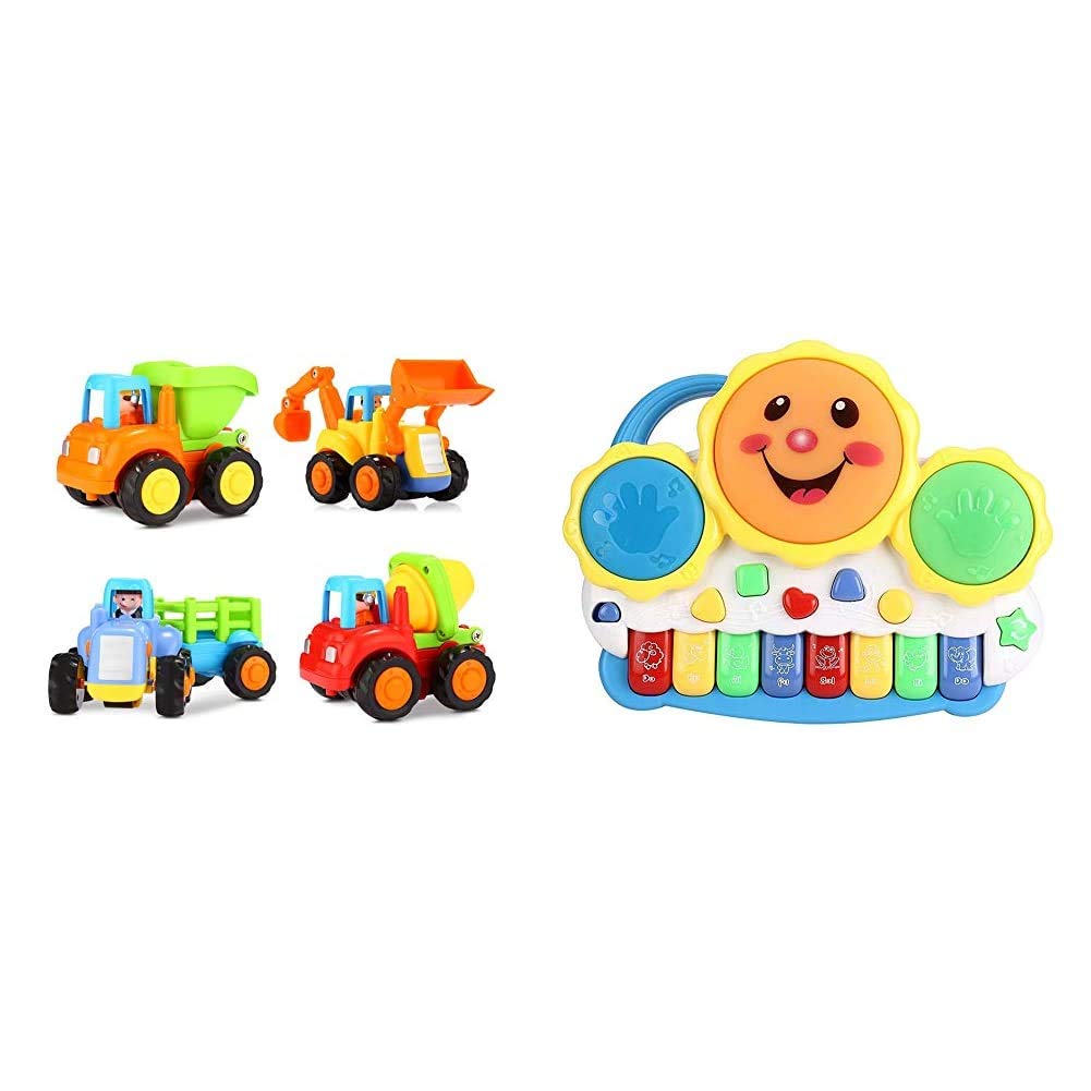 Popsugar Unbreakable Happy Engineering Vehicles Including Tractor / Bulldozer / Dumper / Cement Mixer Toy for Kids and Smiley Piano and Keyboard Musical Set with Lights for Kids, Blue