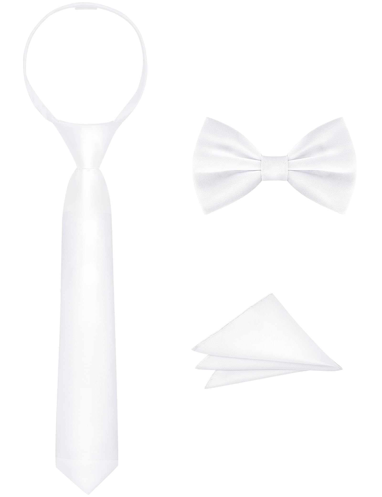 Boys Tie Set, Bow Tie &amp; Pre-Tied Zipper Necktie, Pocket Square