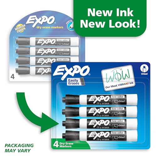 expo dry erase markers low odor ink black chisel tip 4 count - whiteboard calendar organization essential supplies for office school classroom teachers