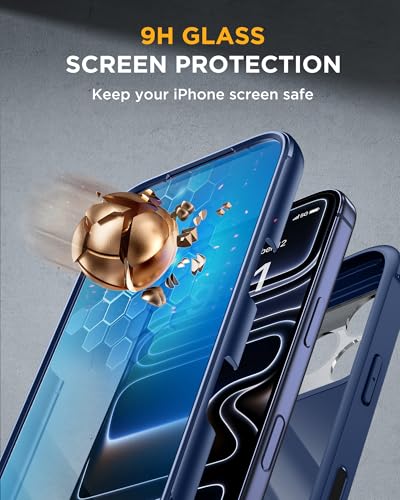 Image of Miracase for iPhone 17 Pro Case with 360 Spin Magnetic Stand, Full-Body Phone Case with Built-in Glass Screen Protector & Camera Control, Drop Proof iPhone 17 Pro Cover, Dark Blue