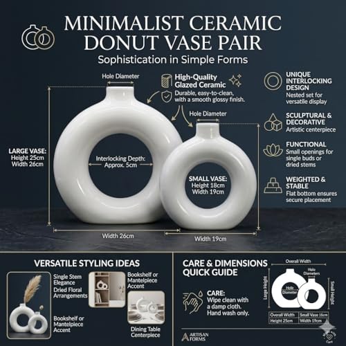Image of Modern Ceramic Donut Vase Set of 2 (White) | Minimalist Ring Shape Decorative Flower Vase for Living Room, Bedroom, Office & Table Decor (5,6 Inch)