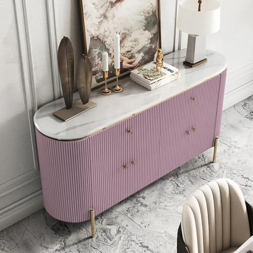 Image of Modern Console Table, 55 x 15 x 30 inch, White Ribbed Design, Marble Top, Gold Accents, 4-Door Storage Cabinet, Waterproof Plywood, PVD-Coated Legs, Elegant Entryway (Pink)