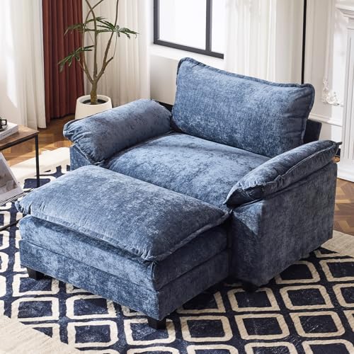 VINGLI Oversized Sofa Chair and a Half with Deep Seat & Movable 2-Layer Ottoman Set, Comfy Cloud Sofa Bed with Chaise, 1-Seater Modular Sectional Sleeper Couch for Living Room, Chenille, Navy-Blue