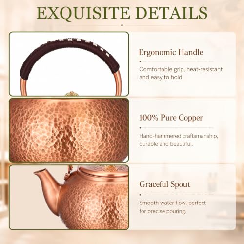 Image of Handmade Hammered Copper Tea Kettle for Stove Top, 1200 Ml / 1.3 Qt