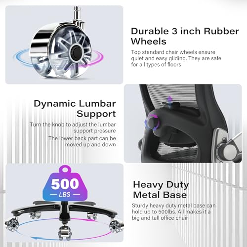 Petheivun 008-N 500Lbs Big And Tall Office Chair- Heavy Duty Executive Computer Chair With 3D Flip Arms Large Wheels, Ergonomic Mesh High Back Desk Chair thumb #5