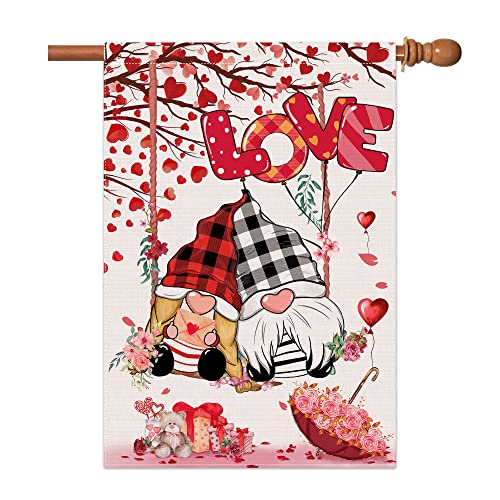 Hexagram Valentines House Flag 28 X 40 Double Sided-Burlap Gnomes And Swing Happy Valentine's Day House Flag For Outside-Large Outdoor Banner Romantic Love Valentine Flags #TOP15