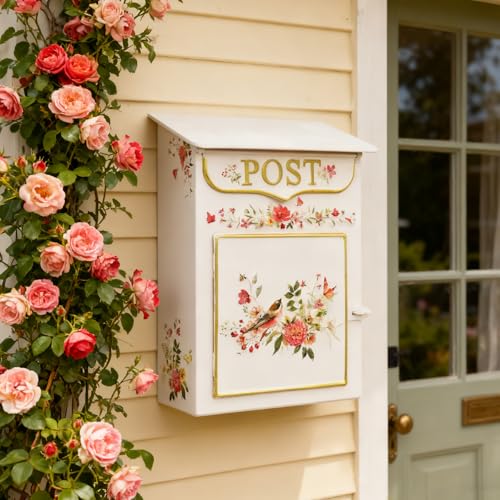 Image of Mailbox Wall Mount Mailboxes for Outside Vintage Mail Boxes for House Outside Metal Drop Box Antique Style Nostalgic Charm Home Decorative, Flower Pattern Pink