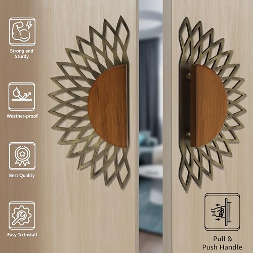 Image of Plantex 304 Grade Stainless Steel Main Door Handle /12-inch Round Shape Door Handle for Main Door /Pull-Push Door Handle - Pack of 1 (Brass Antique & Wood Finish)