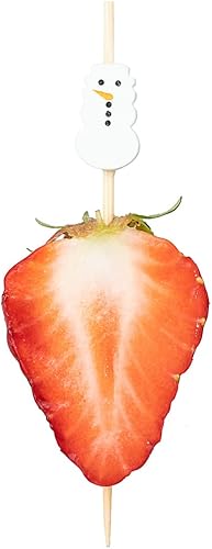Brochetas de Navidad de 3.5 pulgadas, 100 púas desechables de Navidad Diseño de muñeco de nieve, palillos de dientes de bambú blanco, resistentes,