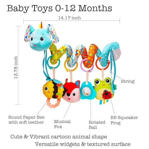 Image of Sensory Hanging Stroller Toys, Car Seat Toys for Babies Infants 0-6 Months | Activity Spiral Plush Hanging Toy Gift for Baby Boys and Girls 0 3 6 12 Months Newborn Toys with Rattles Squeaker Music -Blue