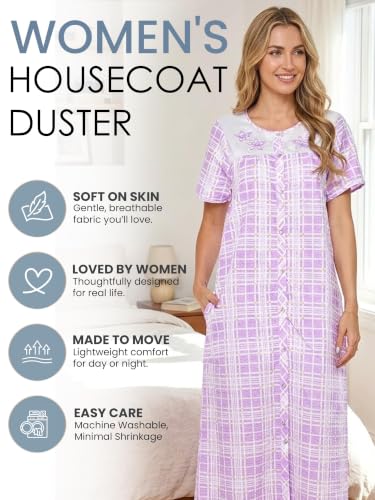Image of Casual Nights Women's Snap - Front House Dress Short Sleeve Woven Housecoat Duster Lounger Robe with Pockets
