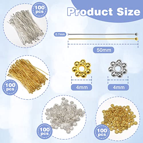 TOAOB 200 Pieces Ball Head Nails 50mm Brass Straight Pins and 200 Pieces 4mm Beads Metal Spacers Flower Shape for DIY Jewelry Making Gold Silver Tone - Image 2