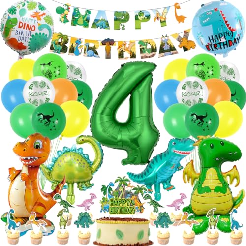 Decoration Anniversaire Dinosaure 4 Ans, XXL Ballons Dinosaure 4 Ans Garçon, avec Décoration de Gâteaux, Happy Birthday Bannière, pour Vert Jungle Thème Deco Anniversaire Fête Garçon Enfants