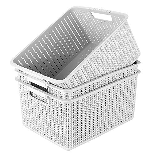 STARVAST 3 Pack Plastic Storage Basket, Portable Plastic Weave Kitchen Refrigerator Basket Bathroom Desktop Storage Box for Kitchen, Bathroom and Cabinet - 310mm x 227mm x 175mm (Gray)