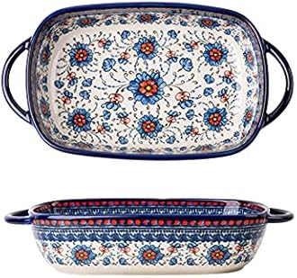 Bicuzat Vintage Style Ceramic Baking Dish with Handles for Oven/Kitchen/Cooking Blue and Orange 700 ml