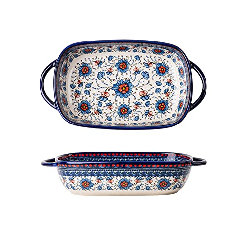 Blue and Orange Flower Vintage Style Ceramic Bakeware Casserole Dish Baking Pan Lasagna Pans with Handles for Oven/Cooking/Kitchen-1 PCS-22 OZ