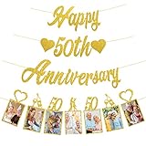 Pimvimcim Gold Glitter 50th Anniversary Banner Decorations, Happy 50th Wedding Anniversary Banner an