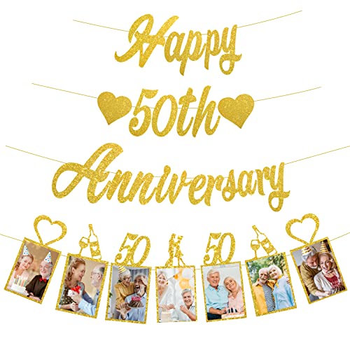 Pimvimcim Gold Glitter 50Th Anniversary Banner Decorations, Happy 50Th Wedding Anniversary Banner And Photo Banner Party Supplies, 50 Year Anniversary Party Picture Banner Decor #TOP2